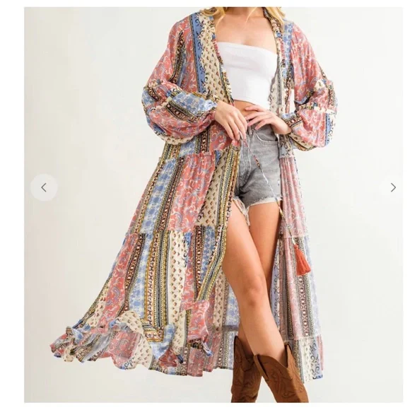 01 ✨RESTOCKED✨Boho Border Print Woven Kimono Long Cardigan - Picture 2 of 6